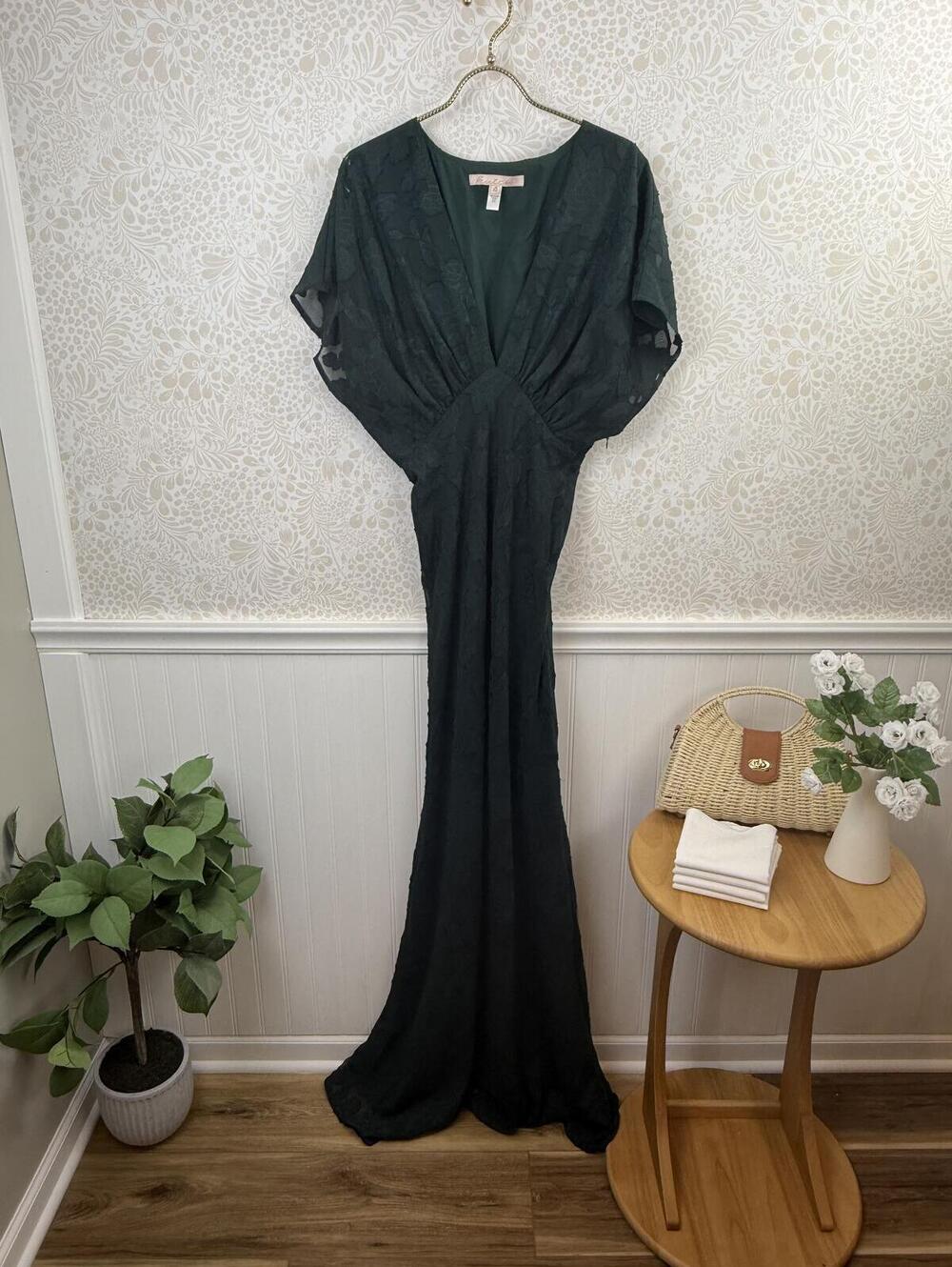Hutch by Anthropologie BHLDN Hunter Green Deep V-Neck Leaf Lindy Gown - Size - 4